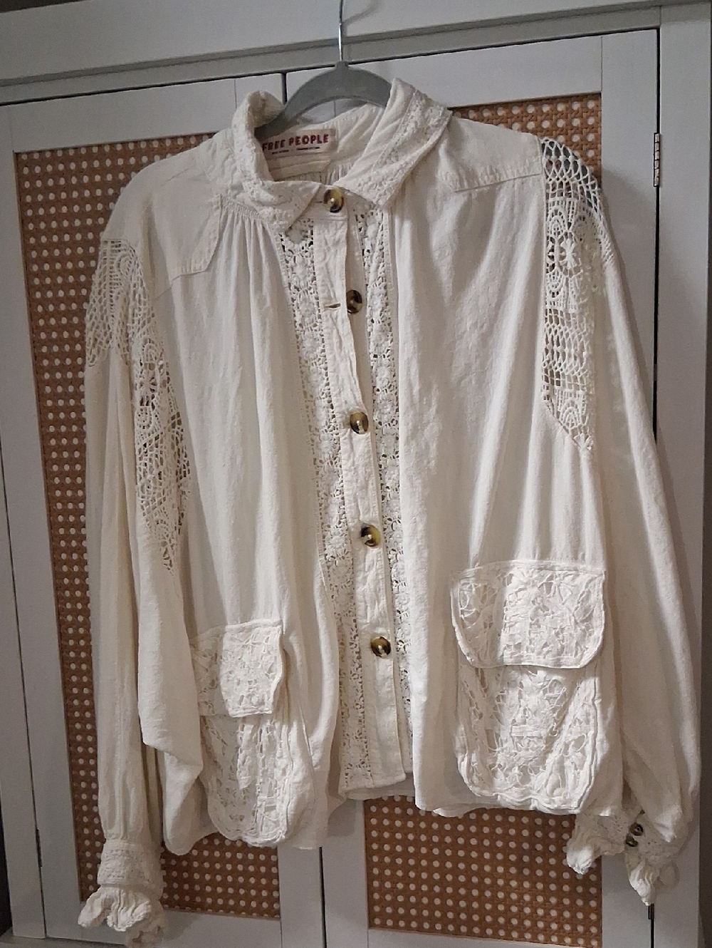 Free People Ivory Crochet-Trim Button Front Blouse